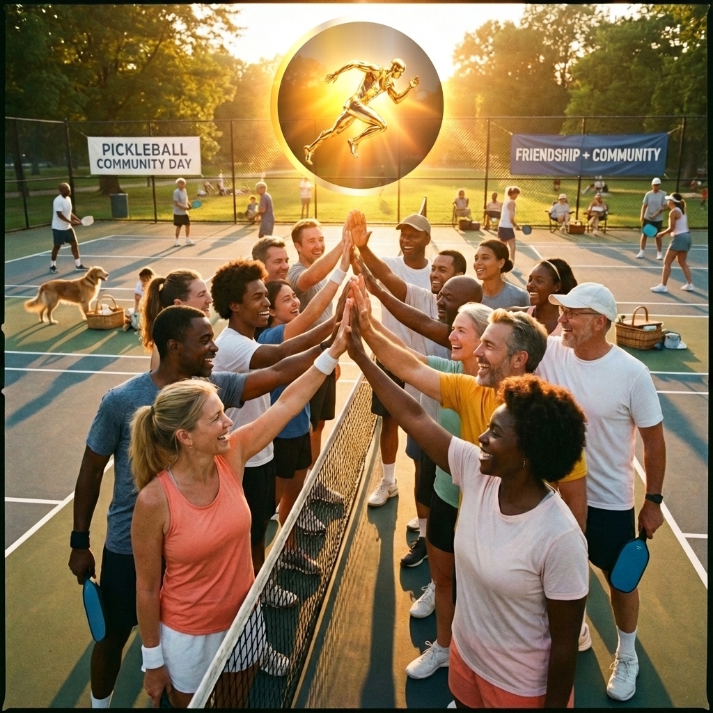 Friendly community of athletes high-fiving